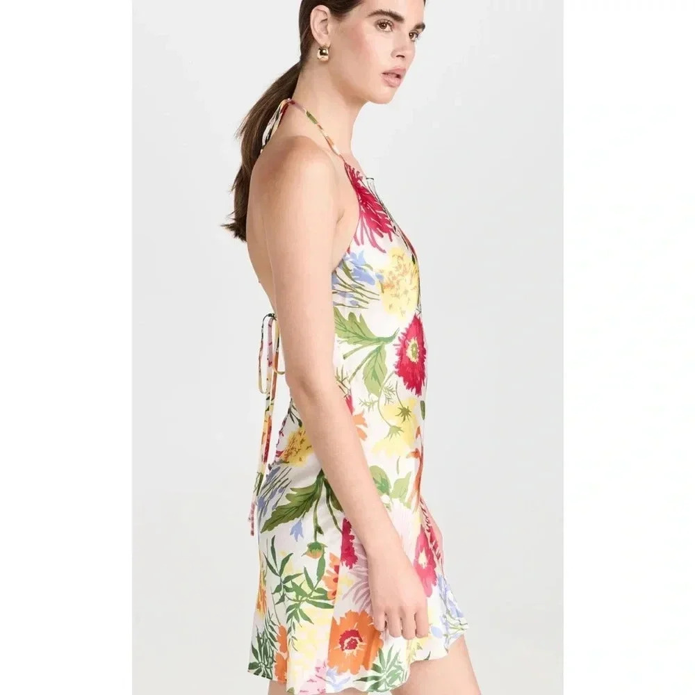 REFORMATION NWT Jennis Floral Silk Halter Mini Dress Low Back String Tie M - Picture 3 of 15